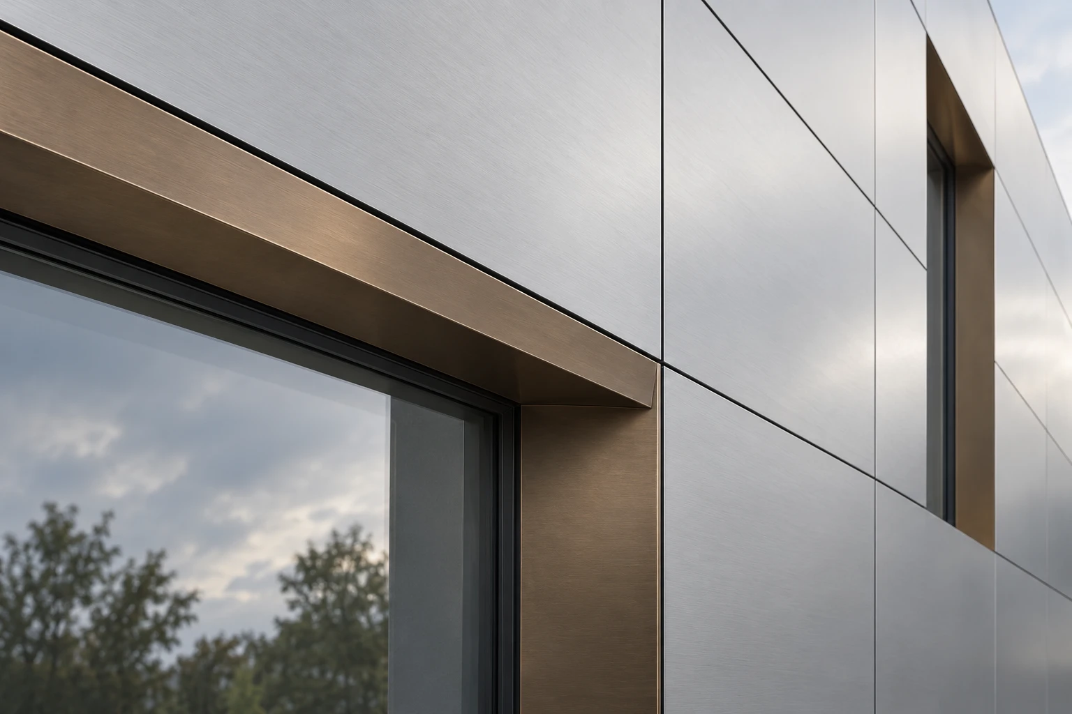 Generated illustration of fictional silver ACM panels, joints and a recessed window